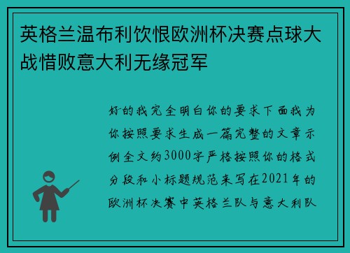 英格兰温布利饮恨欧洲杯决赛点球大战惜败意大利无缘冠军